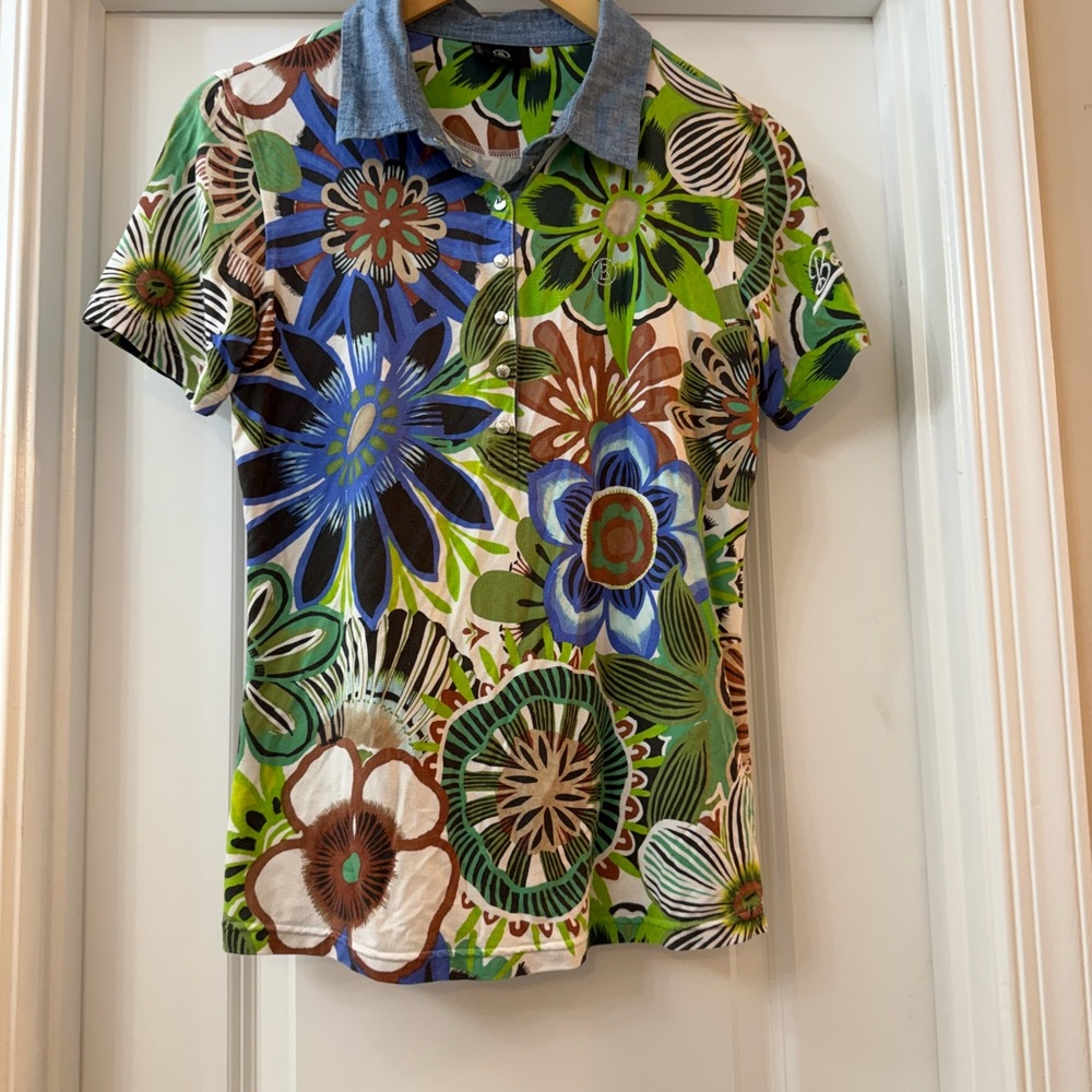 Bogner Blue Green Fitted Graphic Button Down Shirt